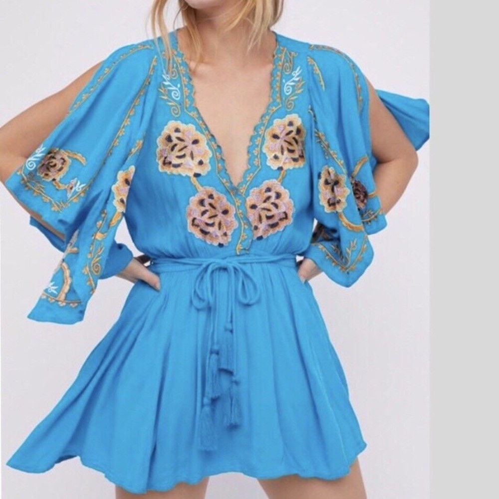 Free People Cora Blue Floral Embroidered Mini Dress